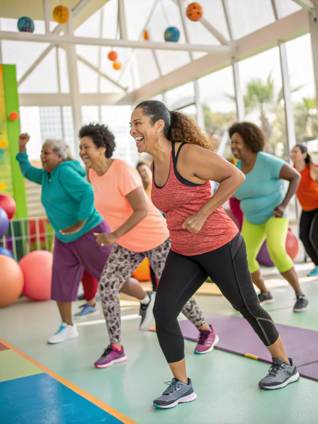 A diverse group of adults participating in a Zumba class, moving to the music with enthusiasm. The image highlights the energetic and inclusive nature of the class.