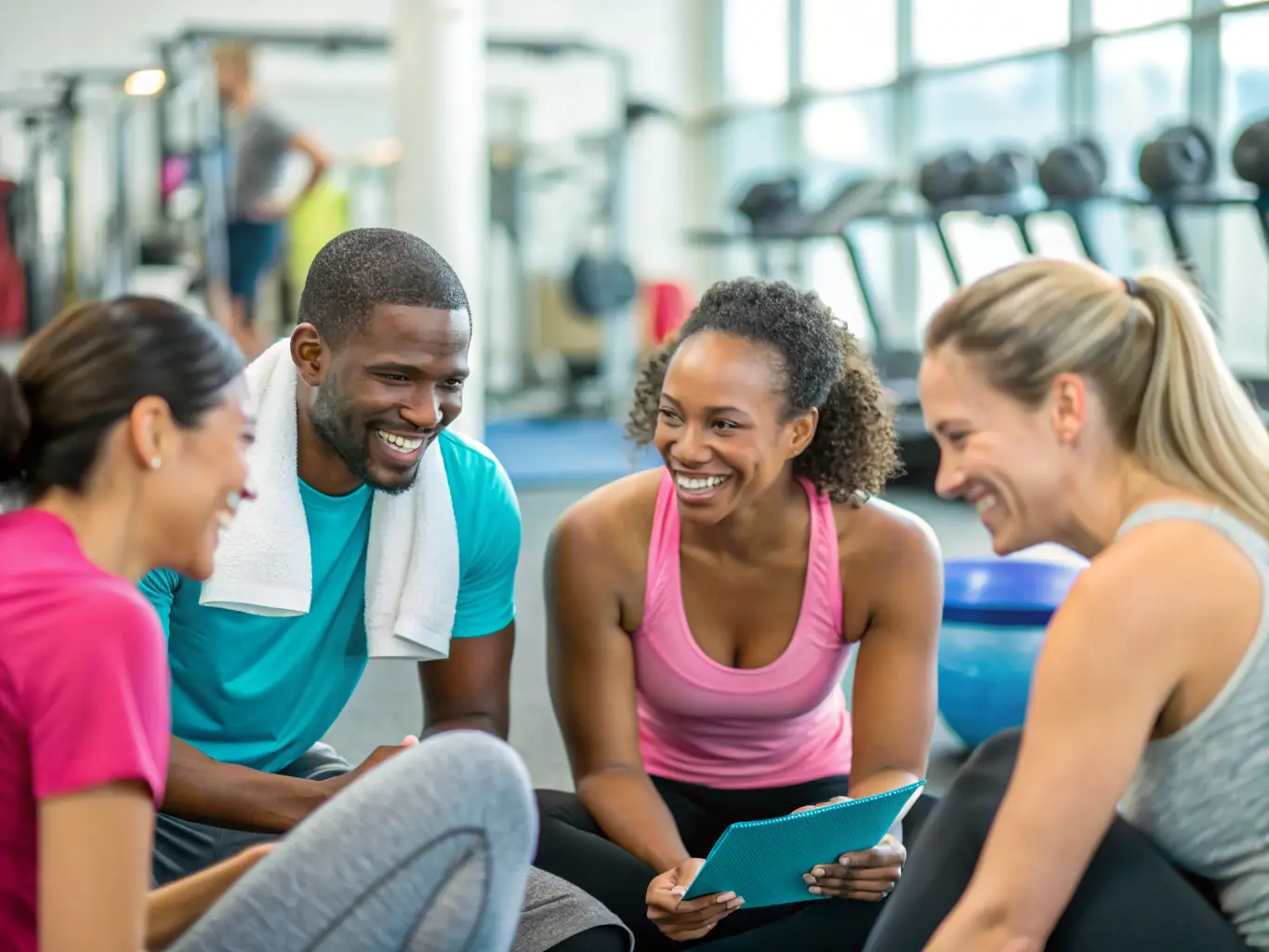 Members of GYM PLURIELLES ET BIEN ETRE A MATIGNON laughing and interacting after a group fitness session, highlighting the social benefits and camaraderie.