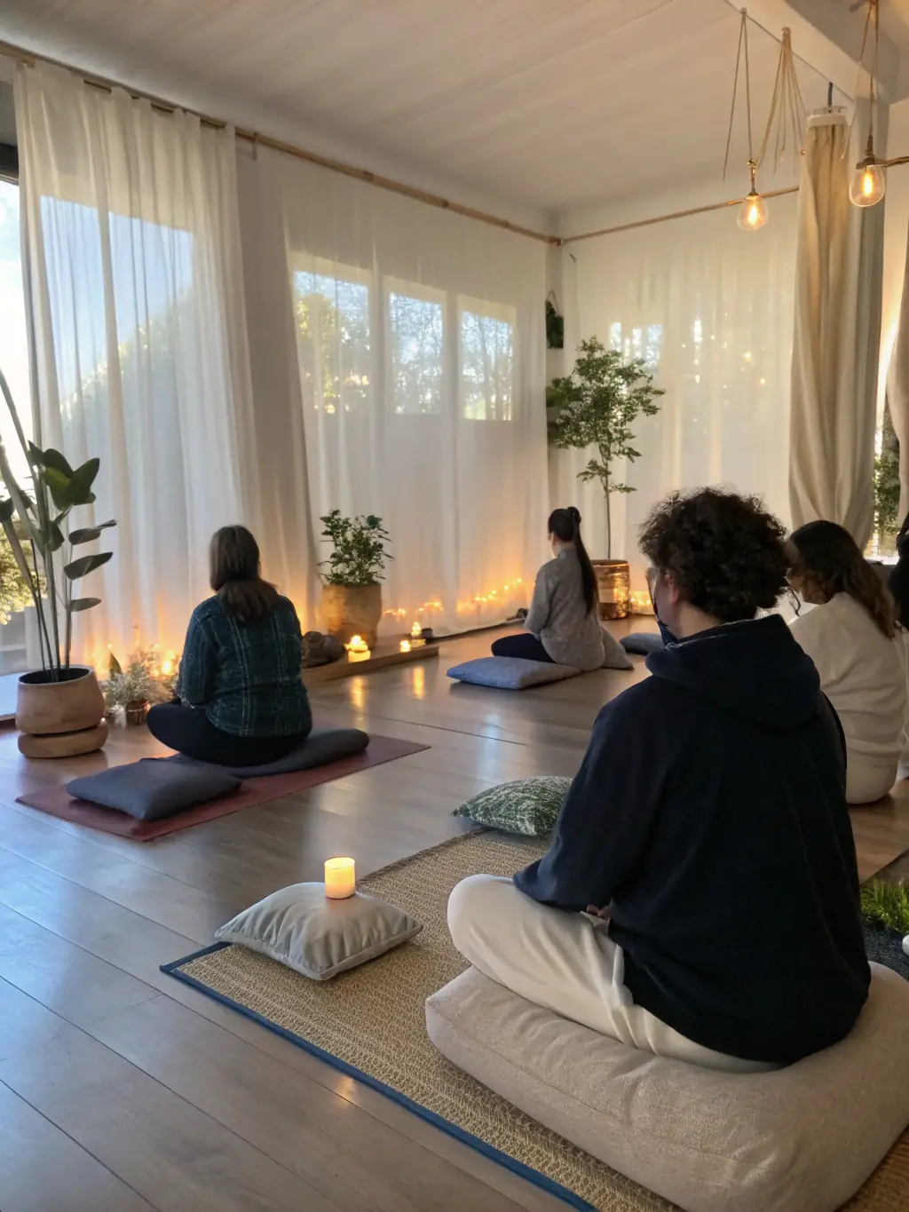 A serene image of participants engaged in a mindfulness or relaxation exercise, emphasizing the gym's focus on mental and emotional well-being alongside physical fitness.