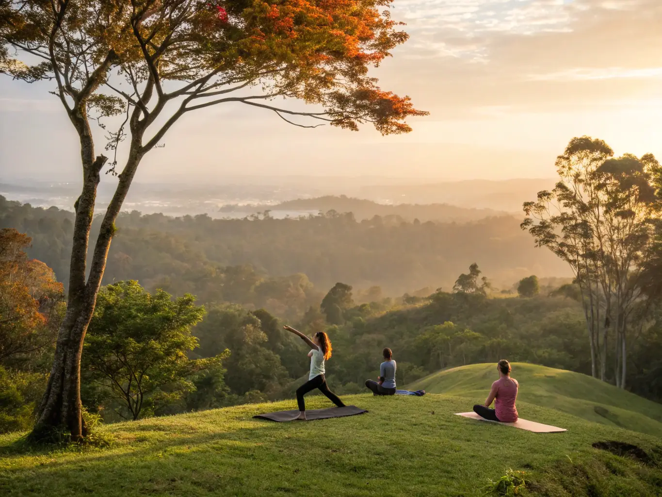 A serene image of individuals practicing gentle stretching and flexibility exercises in a calm, natural setting, highlighting the mental and physical relaxation benefits of GYM PLURIELLES ET BIEN ETRE A MATIGNON.