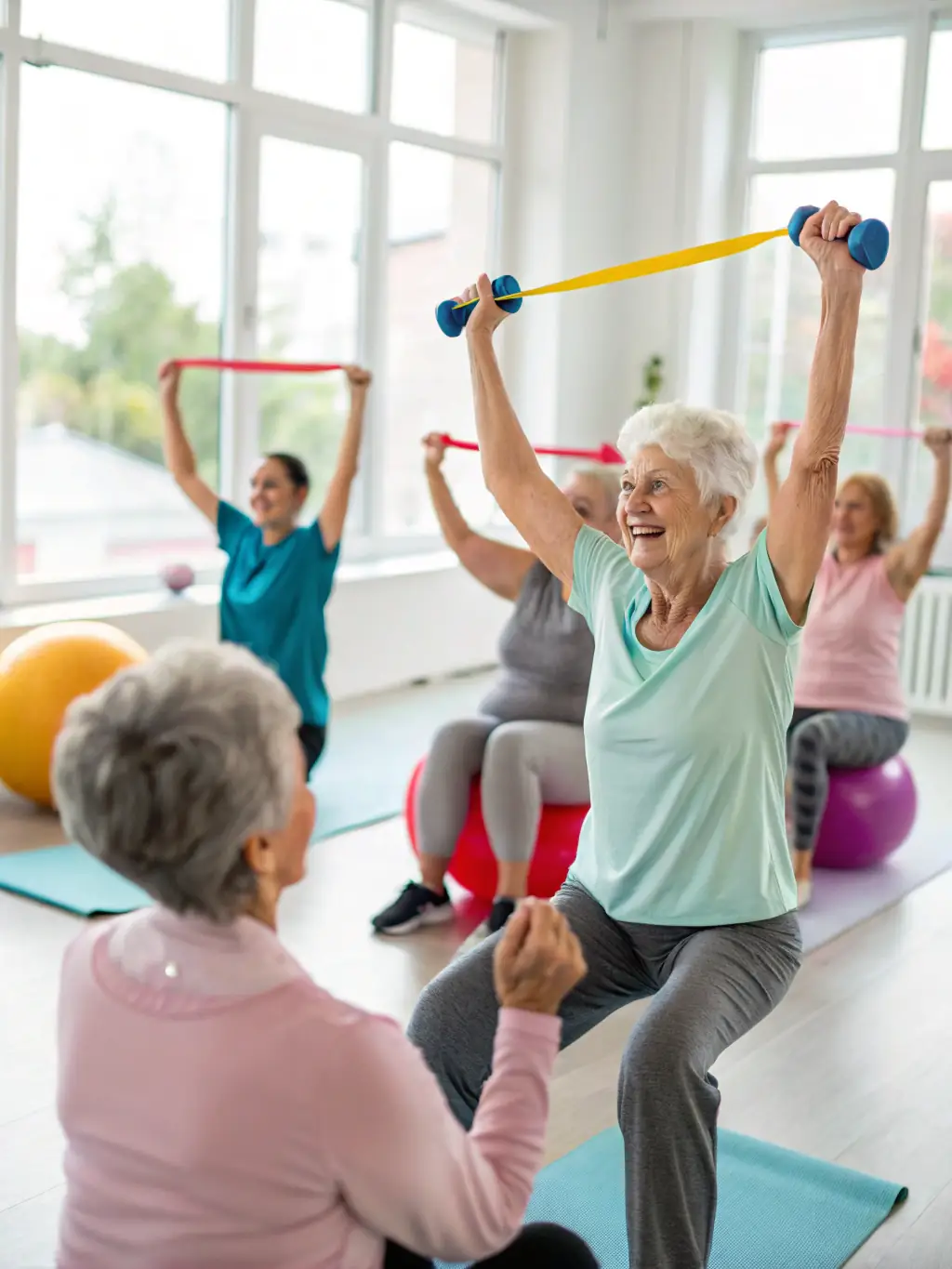 A group of seniors participating in a gentle stretching class, led by an instructor, in a bright and airy studio. The image emphasizes the accessibility of fitness for older adults.