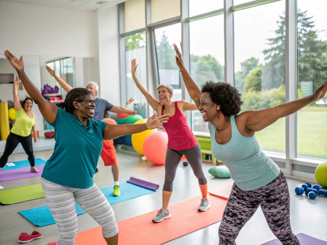 A group of smiling adults participating in a low-impact aerobics class in a sunny, spacious studio at GYM PLURIELLES ET BIEN ETRE A MATIGNON, emphasizing the joy and accessibility of fitness.