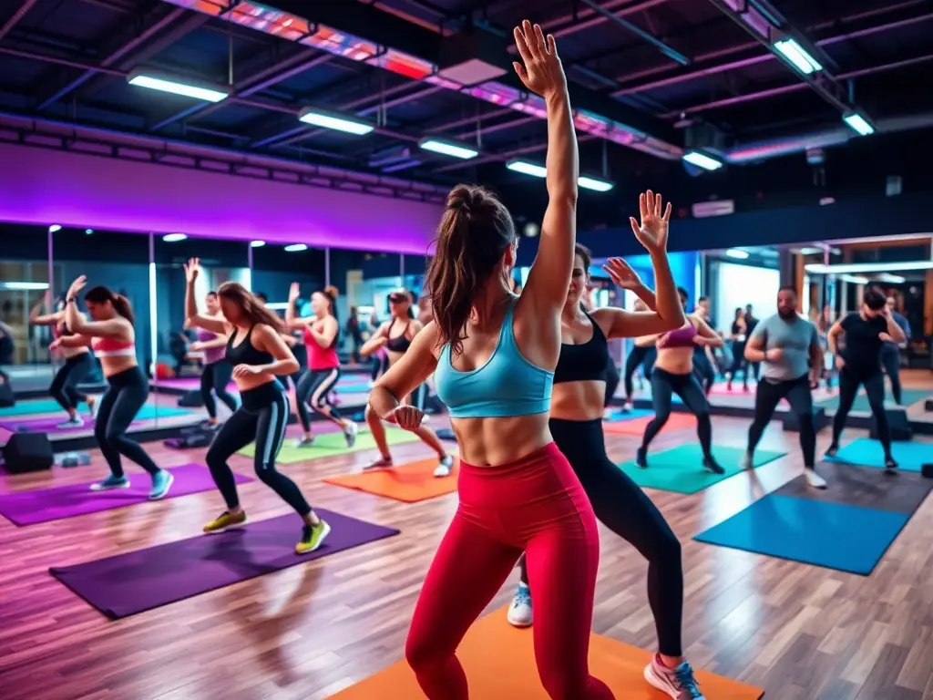 A group of diverse individuals participating in a lively aerobics class at GYM PLURIELLES ET BIEN ETRE A MATIGNON, showcasing the energy and community spirit.