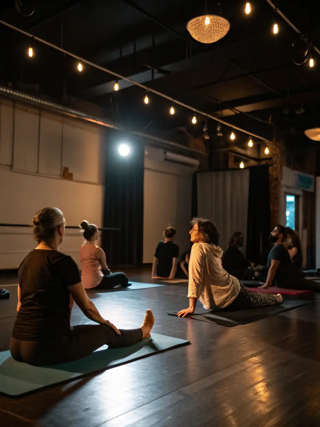 A photograph capturing a group of diverse individuals participating in a gentle stretching exercise, emphasizing inclusivity and accessibility for all fitness levels at GYM PLURIELLES ET BIEN ETRE A MATIGNON.