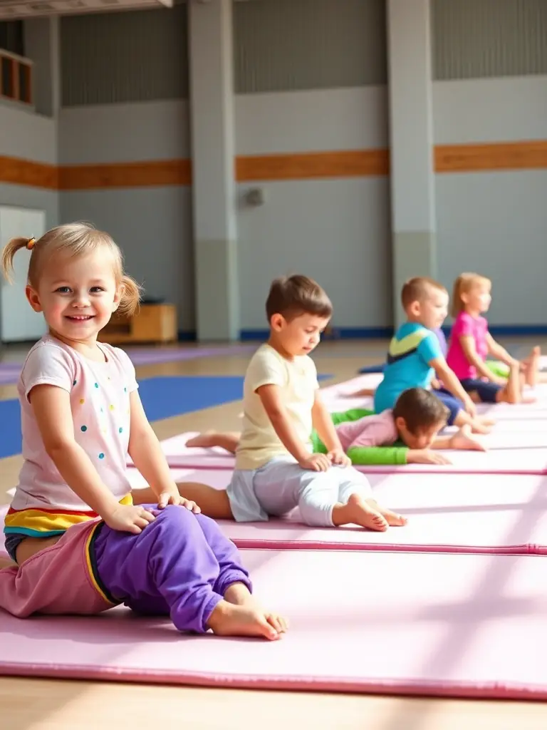 Children participating in a gymnastics class, learning basic tumbling skills with the guidance of a qualified instructor. The image captures the fun and developmental aspects of gymnastics for kids.